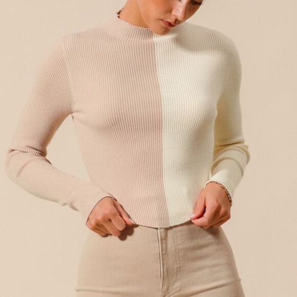 0SO ME Color Block Fitted Crop Sweater Top Two-Tone Ribbed Sweater Sz Sm Md - Picture 2 of 14